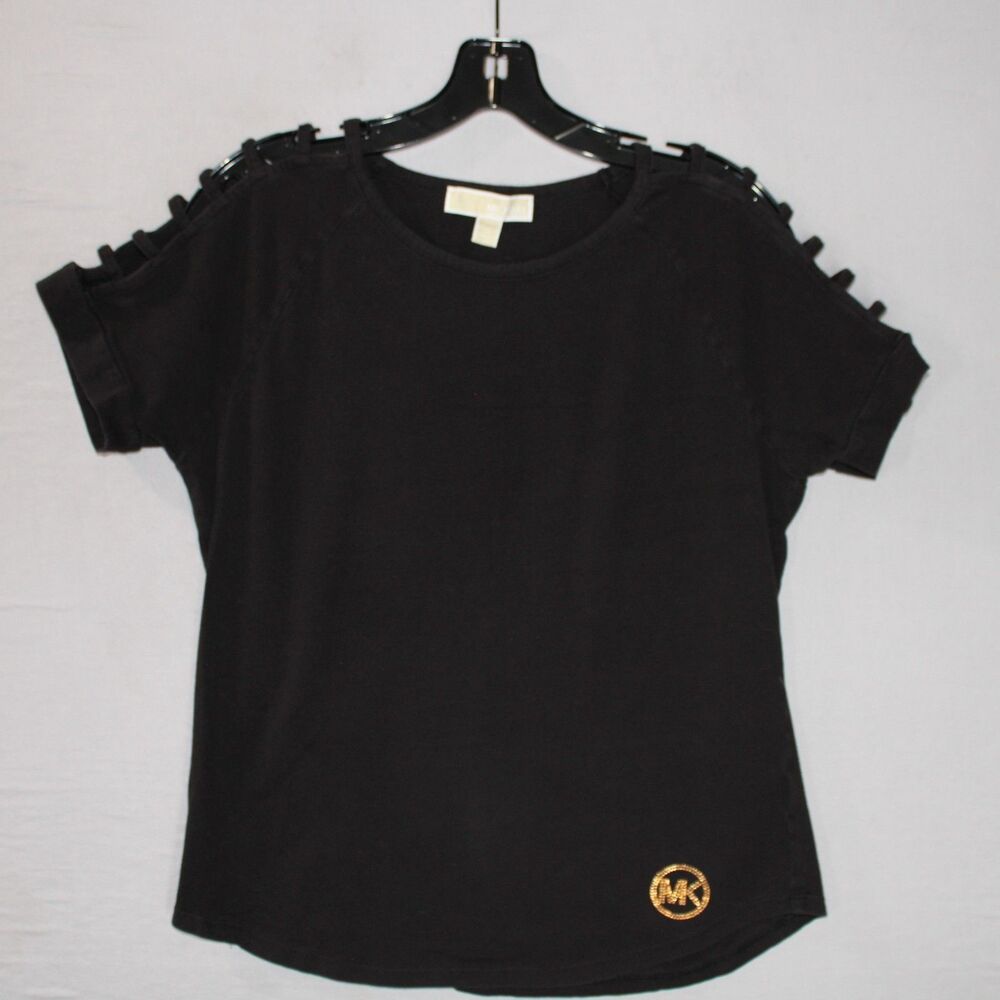 Michael Kors Black Pullover Lattice Sleeve MK Gold Logo Casual Size Medium